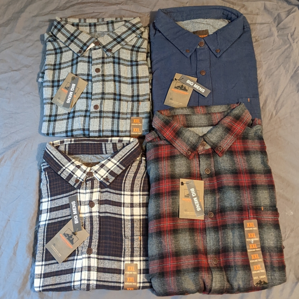 Pack of 4, long sleeve medium-weight flannels, all size XXL, brand new,